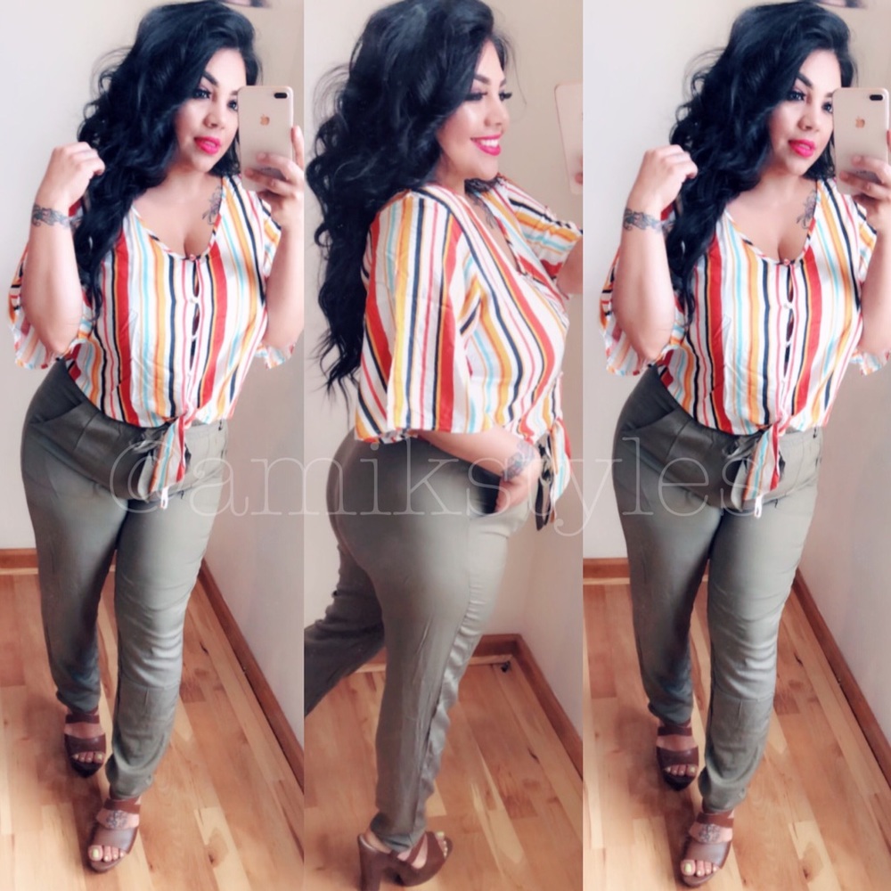 Colorful button up front knot top